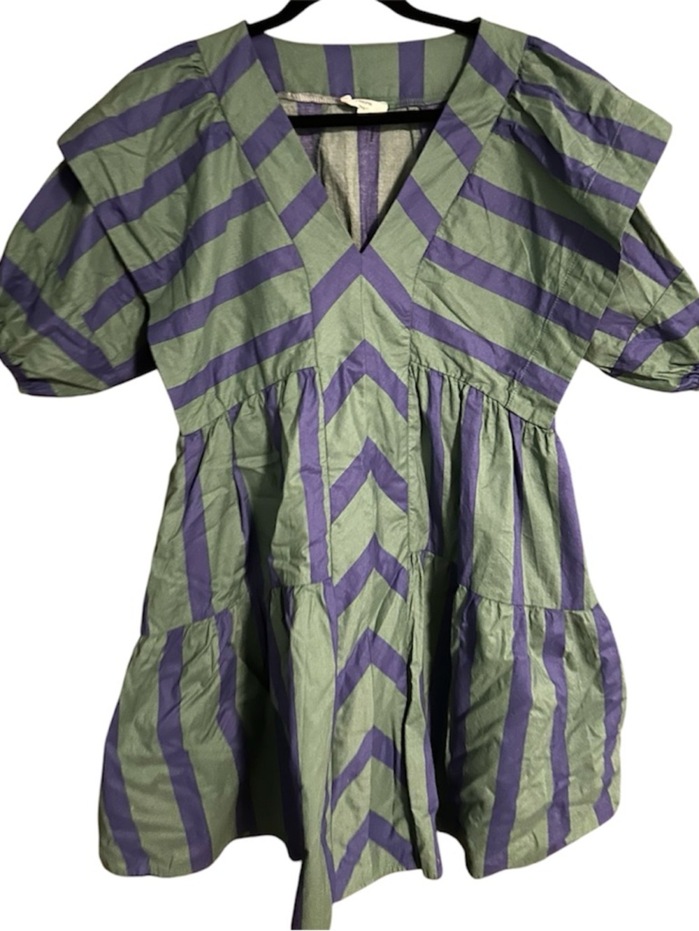 Entro Striped V-Neck Babydoll Dress in Green & Navy